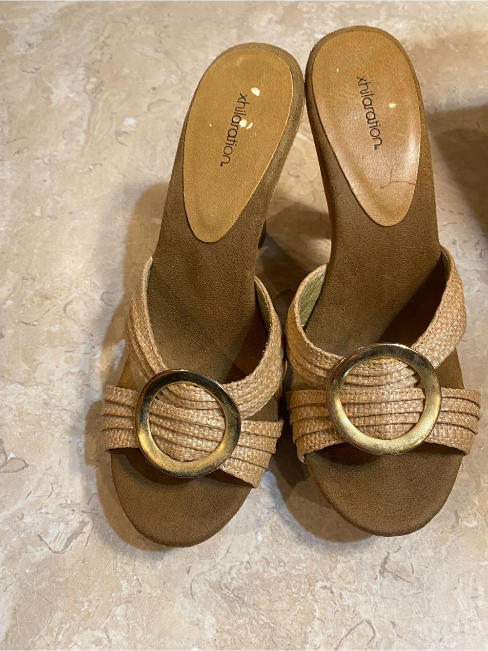 Xhilaration Tan Braided Slide Mules with Gold Ring